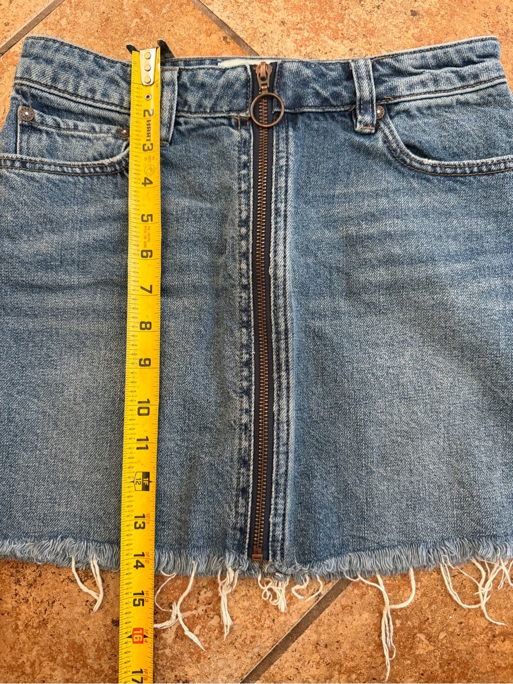 We The Free Blue Zip-Front Distressed Hem Denim Mini Skirt